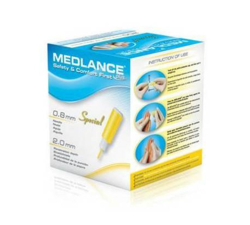 Ланцет автоматический Medlance plus Special для взятия капиллярной крови, лезвие 0,8 мм, глубина прокола 2,0 мм, жёлтый, 200 шт.