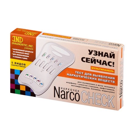 Экспресс-тест NarcoCheck (Наркочек) на 5 видов наркотиков в моче (морфин/опиаты, амфетамин, метамфетамин, кокаин, марихуана), мультипанель, 1 тест
