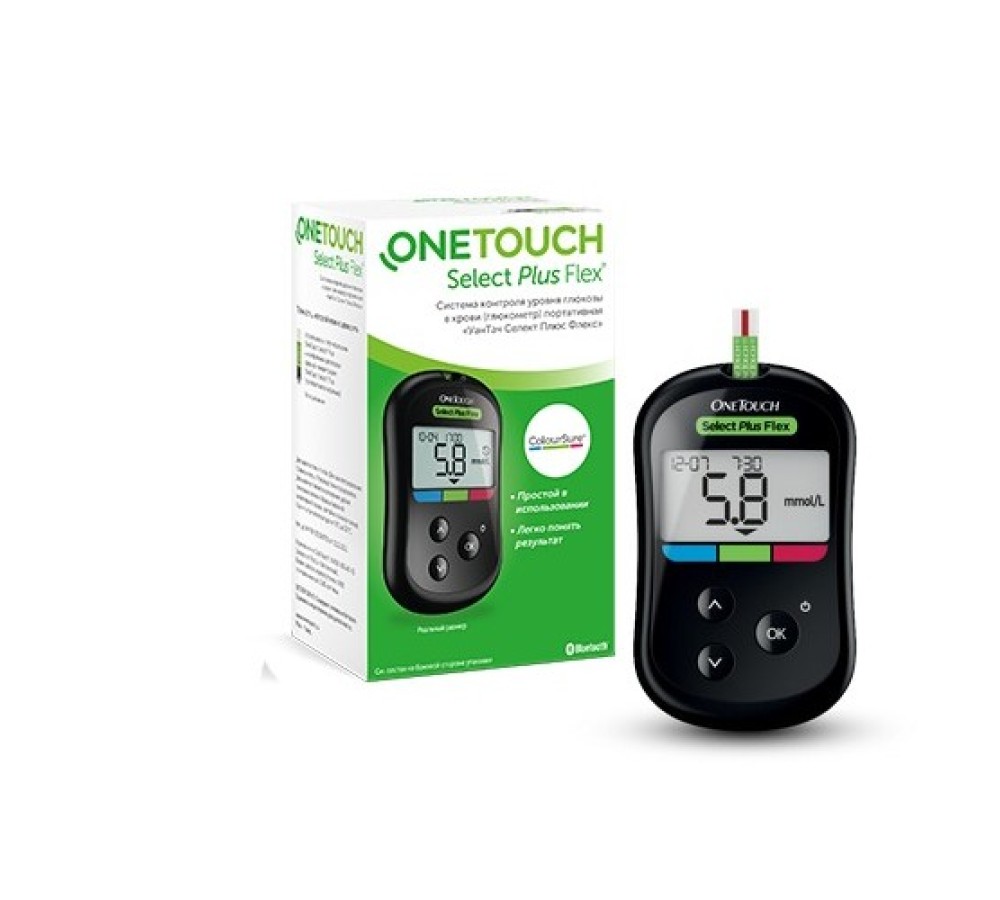 Глюкометр OneTouch Select Plus Flex для определения глюкозы в капиллярной крови, с цветовыми подсказками и Bluetooth