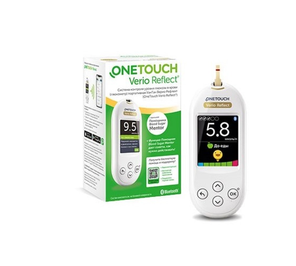 Глюкометр OneTouch Verio Reflect для определения глюкозы в капиллярной крови, с меню на русском языке и Bluetooth
